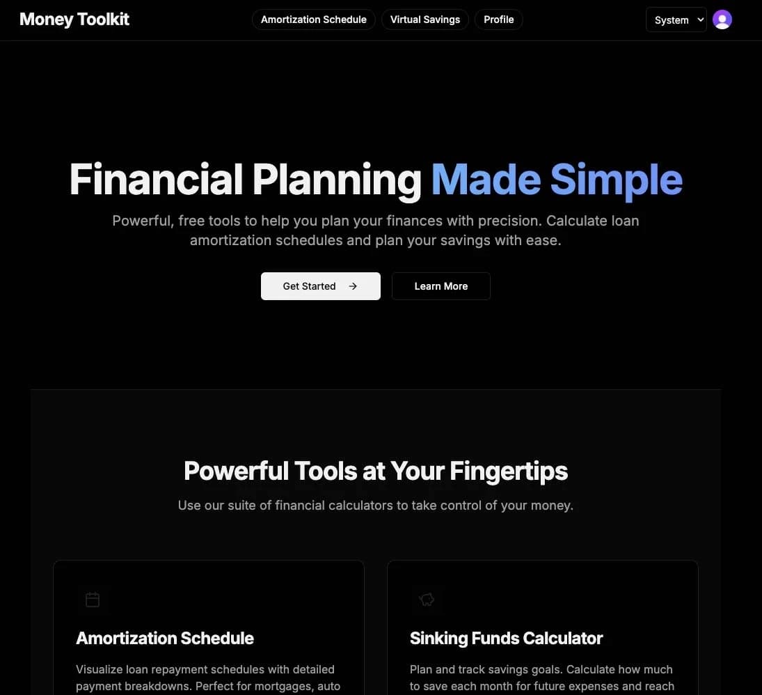 screenshot of landing page for moneytoolkit.app
