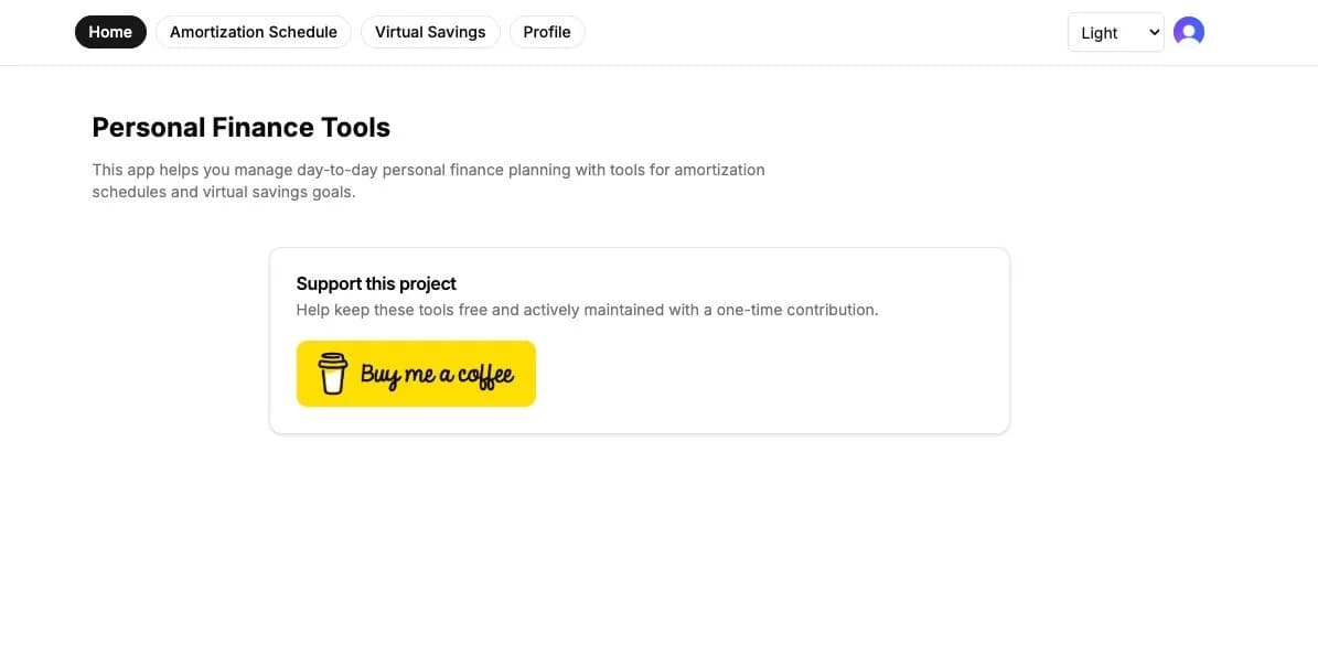 Screenshot of landing page for financial tools app