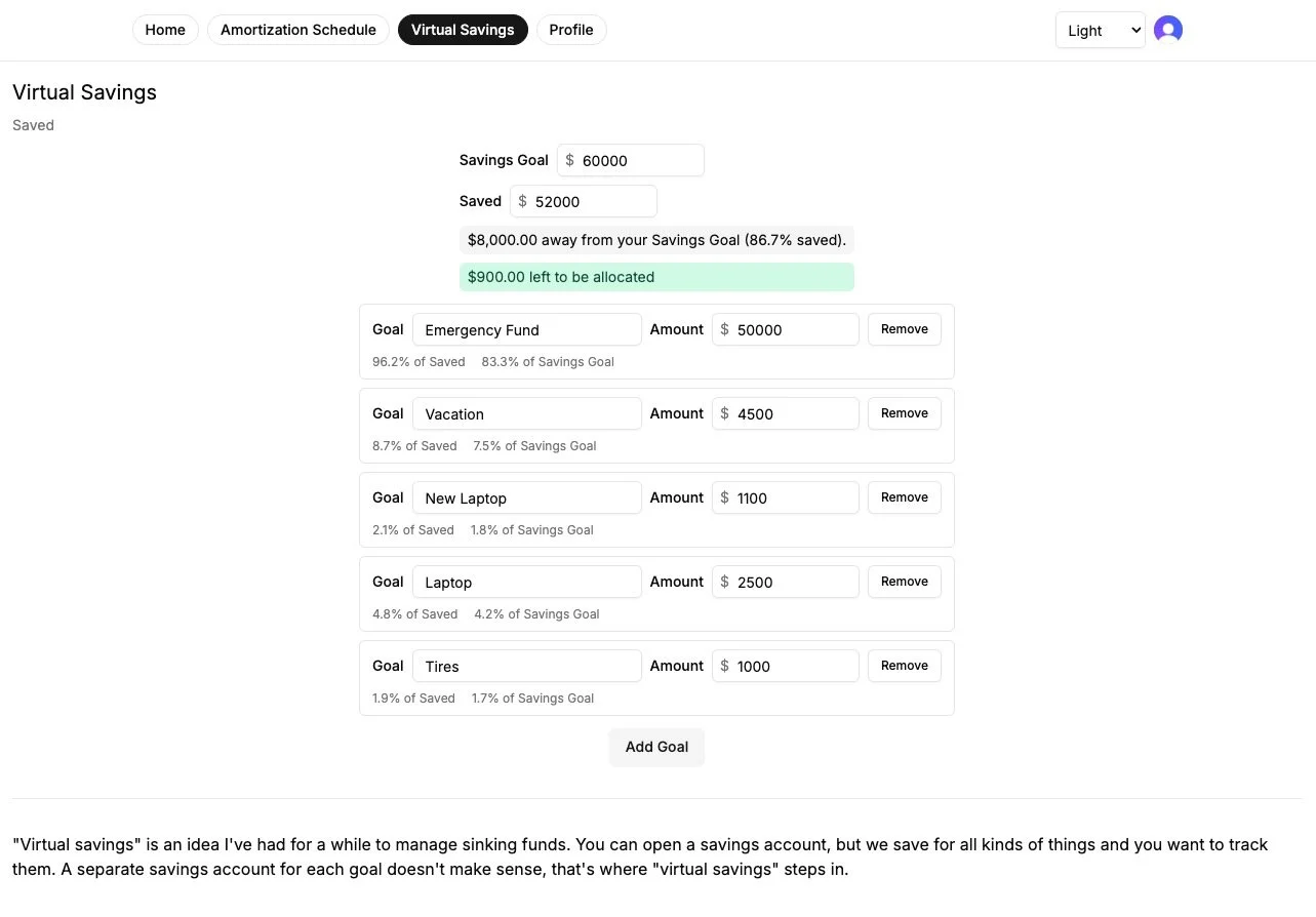 Screenshot of the sinking funds pages
